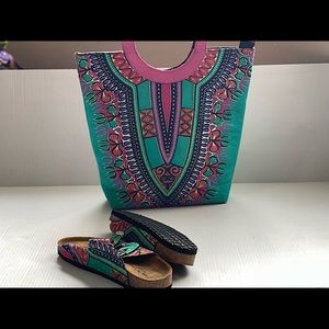 African Pink and Green Sandals and Bag Set